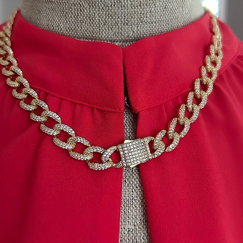 Heavy Cuban Link Chain With Pave Crystal Links - Sterling Silver Gold Plated
